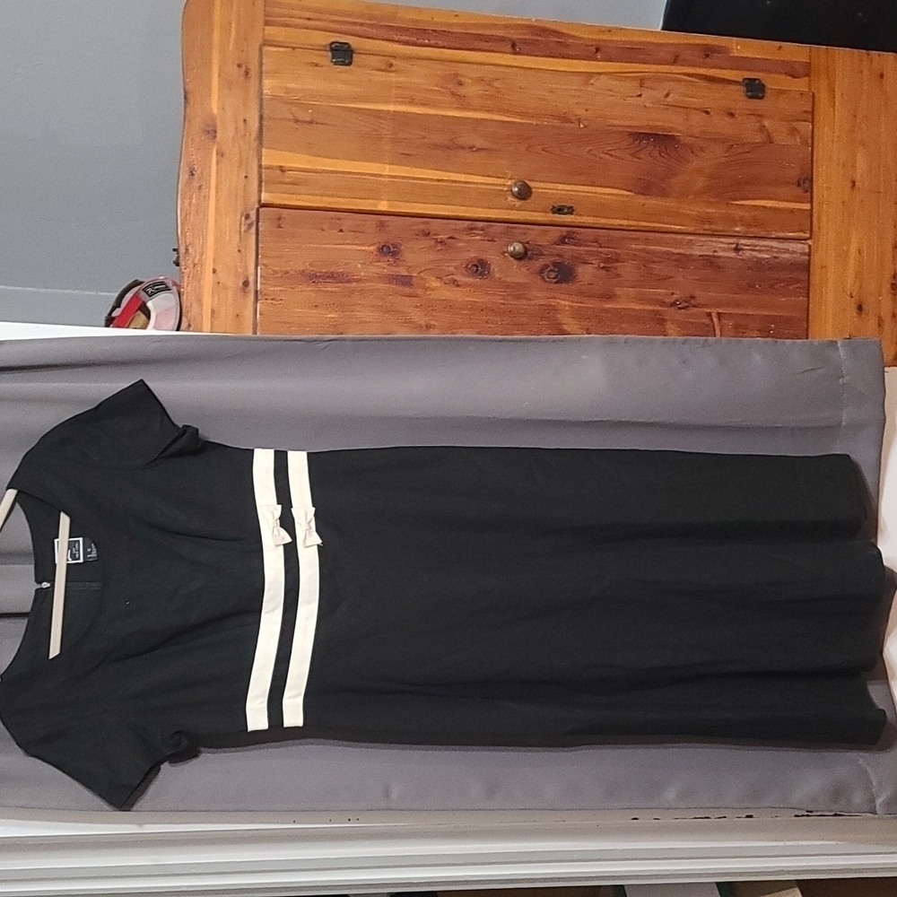 Linnie LNY NY Linen Blend Classic Black Maxi Dress White Bands Bows Sz 12 EUC